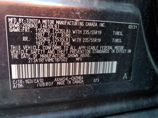 2T3A1RFV8MC187502 - 2021 TOYOTA RAV4 XLE P GRAY photo 10