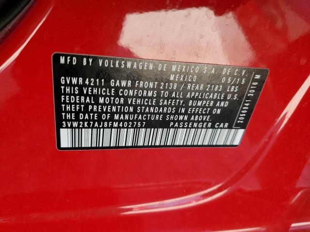 3VW2K7AJ8FM402757 - 2015 VOLKSWAGEN JETTA BASE 红色 照片 10
