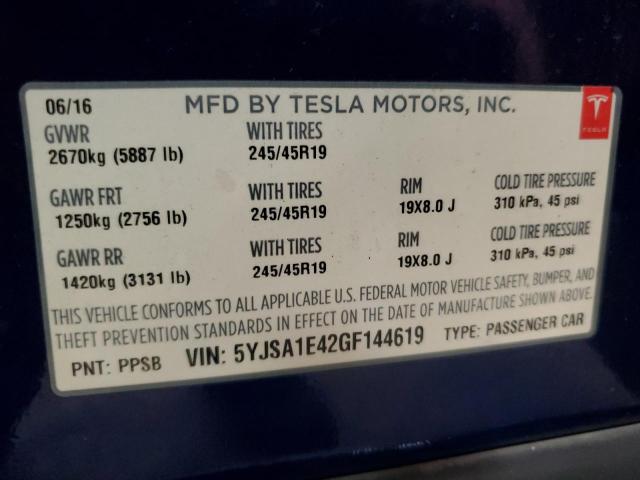 5YJSA1E42GF144619 - 2016 TESLA MODEL S Azul foto 10