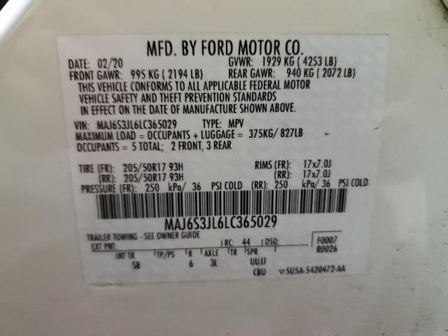 MAJ6S3JL6LC365029 - 2020 FORD ECOSPORT S WHITE photo 10