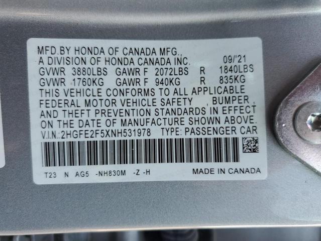 2HGFE2F5XNH531978 - 2022 HONDA CIVIC SPOR SILVER photo 10