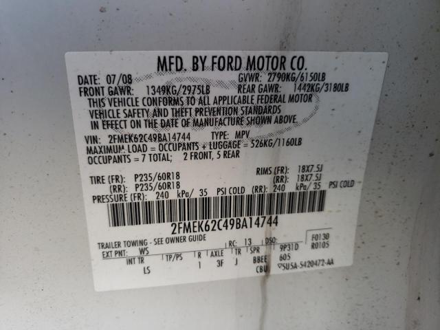 2FMEK62C49BA14744 - 2009 FORD FLEX WHITE photo 10