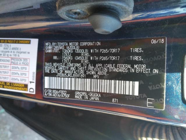 JTEBU5JR0J5591891 - 2018 TOYOTA 4RUNNER SR BLUE photo 10