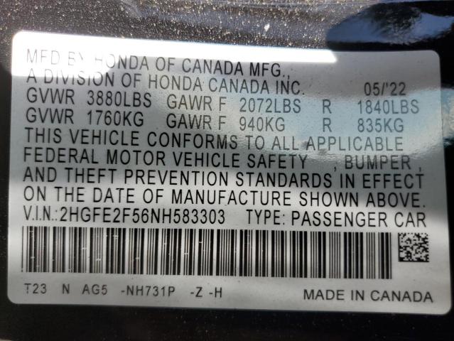 2HGFE2F56NH583303 - 2022 HONDA CIVIC SPOR 黑色 照片 10