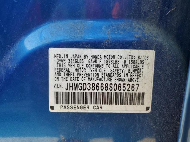 JHMGD38668S065267 - 2008 HONDA FIT SPORT BLUE photo 10