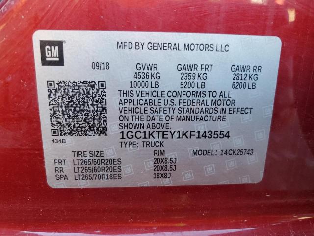 1GC1KTEY1KF143554 - 2019 CHEVROLET SILVERADO BURGUNDY photo 10