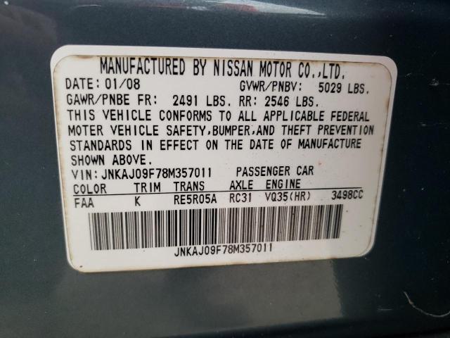 JNKAJ09F78M357011 - 2008 INFINITI EX35 BASE GREEN photo 10