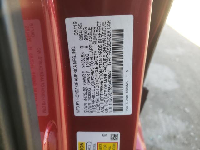 1HGCV2F55KA029537 - 2019 HONDA ACCORD EXL RED photo 10