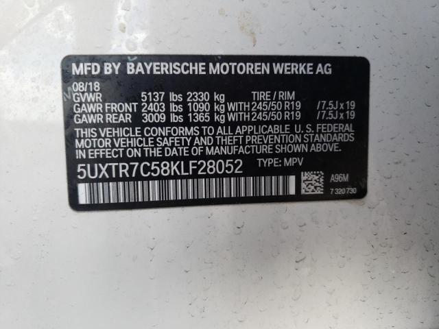 5UXTR7C58KLF28052 - 2019 BMW X3 SDRIVE3 WHITE photo 10