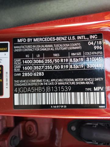 4JGDA5HB5JB131539 - 2018 MERCEDES-BENZ GLE 350 4M RED photo 10