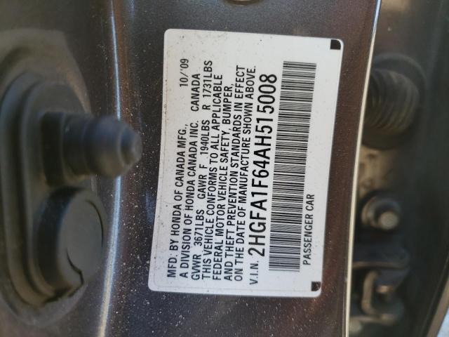 2HGFA1F64AH515008 - 2010 HONDA CIVIC LX-S GRAY photo 10