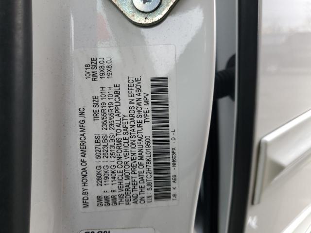 5J8TC2H78KL019500 - 2019 ACURA RDX ADVANC WHITE photo 10