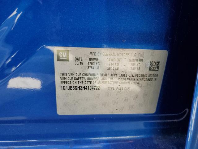 1G1JB5SH3H4104722 - 2017 CHEVROLET SONIC LS BLUE photo 10