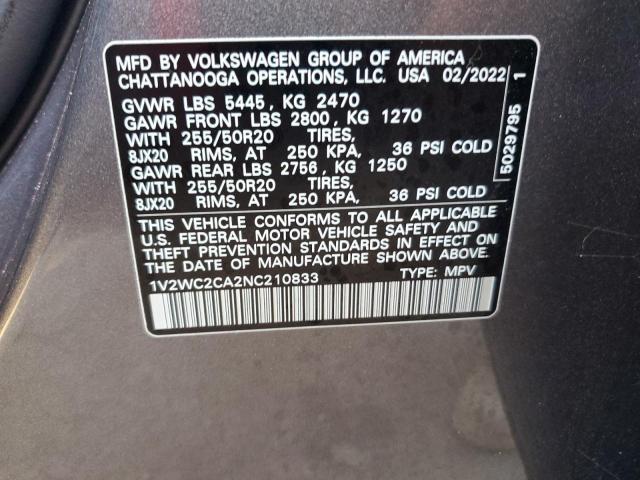 1V2WC2CA2NC210833 - 2022 VOLKSWAGEN ATLAS CROS Серебристый фото 10