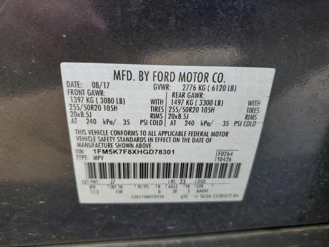 1FM5K7F8XHGD78301 - 2017 FORD EXPLORER L GRAY photo 10