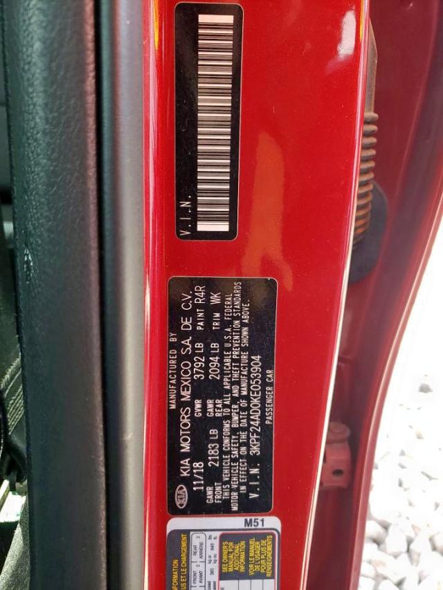 3KPF24AD0KE053904 - 2019 KIA FORTE FE RED photo 10