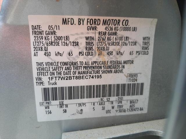 1FT7W2BT8BEC74195 - 2011 FORD F250 SUPER SILVER photo 10