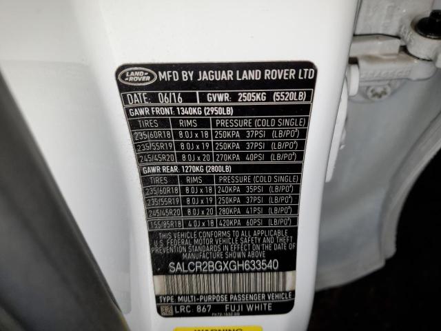SALCR2BGXGH633540 - 2016 LAND ROVER DISCOVERY WHITE photo 10