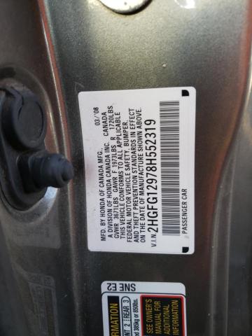 2HGFG12978H552319 - 2008 HONDA CIVIC EXL 灰色 照片 10