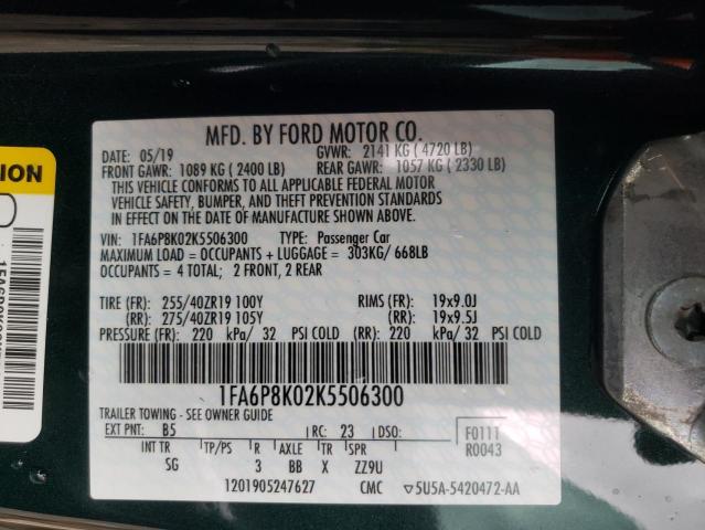 1FA6P8K02K5506300 - 2019 FORD MUSTANG BU GREEN photo 10