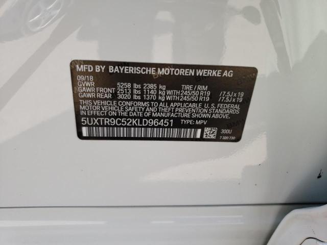 5UXTR9C52KLD96451 - 2019 BMW X3 XDRIVE3 WHITE photo 10