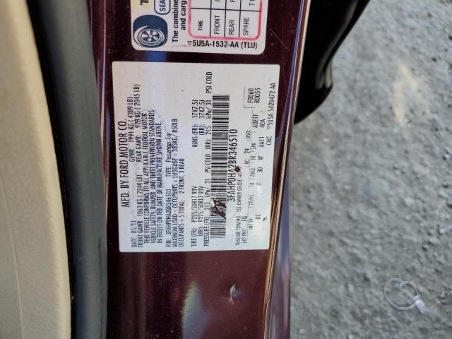 3FAHP0HA2BR346510 - 2011 FORD FUSION S F BURGUNDY photo 10