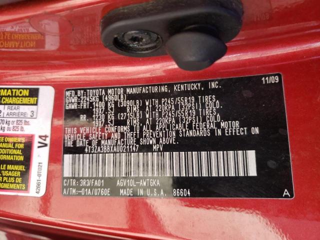 4T3ZA3BBXAU021147 - 2010 TOYOTA VENZA RED photo 10