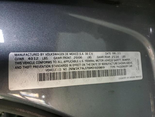 3VW1K7AJ7BM393989 - 2011 VOLKSWAGEN JETTA BASE 灰色 照片 10