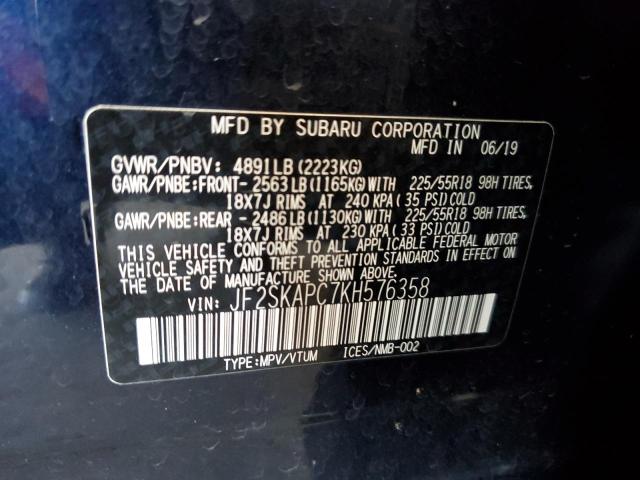JF2SKAPC7KH576358 - 2019 SUBARU FORESTER S BLUE photo 10