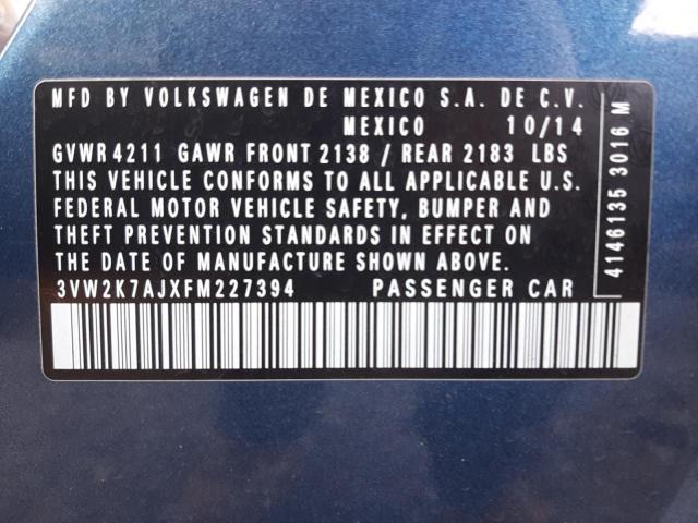 3VW2K7AJXFM227394 - 2015 VOLKSWAGEN JETTA BASE BLUE photo 10