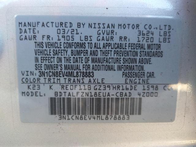 3N1CN8EV4ML878883 - 2021 NISSAN VERSA SV SILVER photo 10