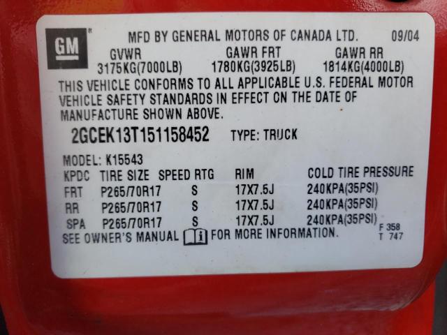 2GCEK13T151158452 - 2005 CHEVROLET SILV1500 2 RED photo 10