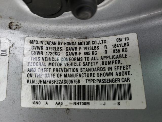 JHMFA3F22AS006758 - 2010 HONDA CIVIC HYBR SILVER photo 10