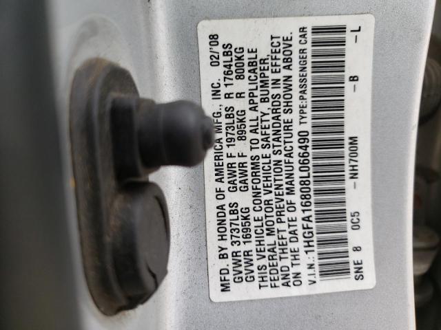 1HGFA16808L066490 - 2008 HONDA CIVIC EX SILVER photo 10