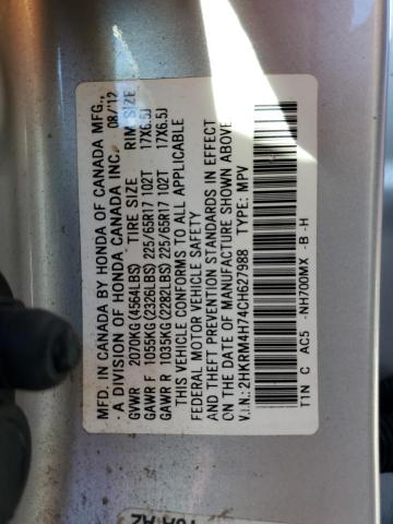 2HKRM4H74CH627988 - 2012 HONDA CR-V EXL SILVER photo 10