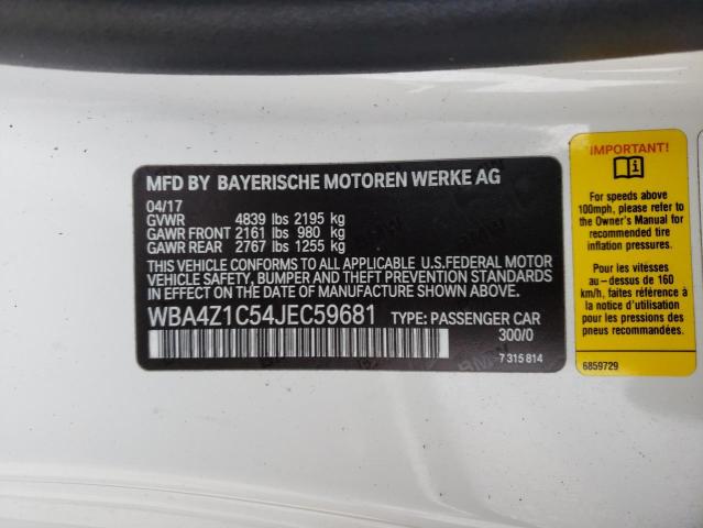 WBA4Z1C54JEC59681 - 2018 BMW 430I WHITE photo 10