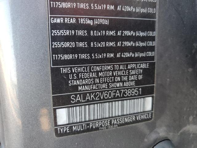 SALAK2V60FA738951 - 2015 LAND ROVER LR4 HSE LU GRAY photo 10