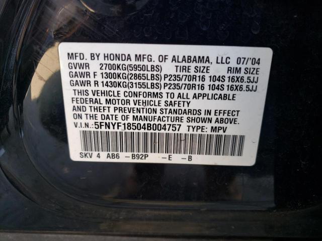 5FNYF18504B004757 - 2004 HONDA PILOT BLACK photo 10