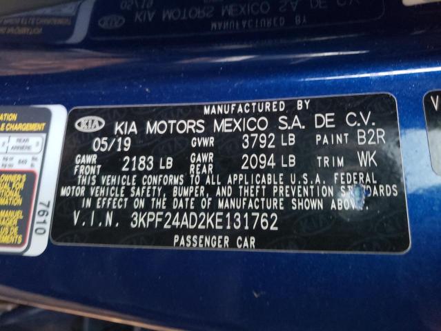 3KPF24AD2KE131762 - 2019 KIA FORTE FE BLUE photo 10