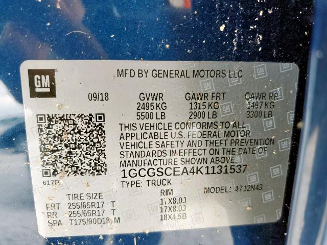 1GCGSCEA4K1131537 - 2019 CHEVROLET COLORADO L BLUE photo 10