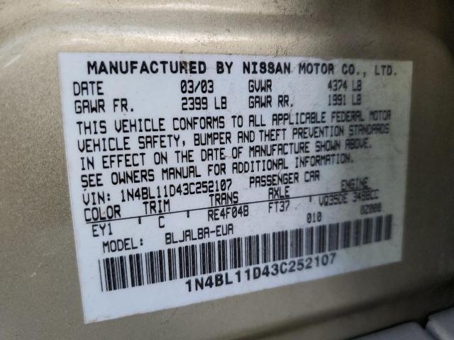 1N4BL11D43C252107 - 2003 NISSAN ALTIMA SE GOLD photo 10