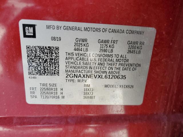 2GNAXNEVXL6120635 - 2020 CHEVROLET EQUINOX PR RED photo 10