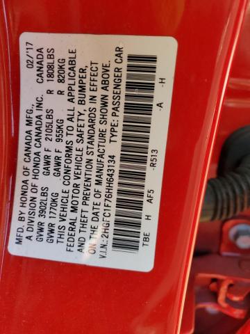 2HGFC1F76HH643134 - 2017 HONDA CIVIC EXL Qırmızı foto 12