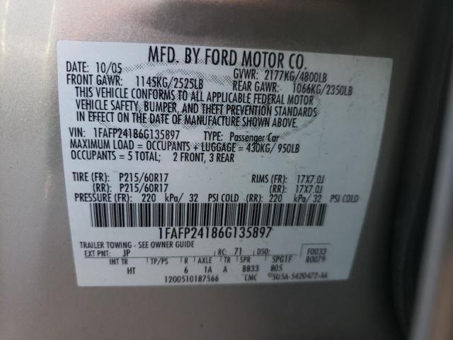 1FAFP24186G135897 - 2006 FORD FIVE HUNDR SILVER photo 10