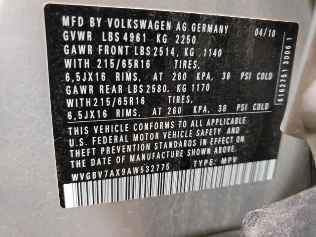 WVGBV7AX9AW532775 - 2010 VOLKSWAGEN TIGUAN SE GRAY photo 10