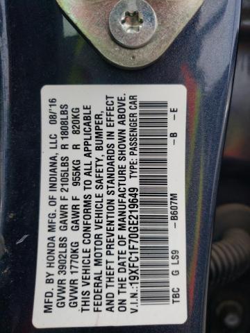 19XFC1F70GE219649 - 2016 HONDA CIVIC EXL 蓝色 照片 10