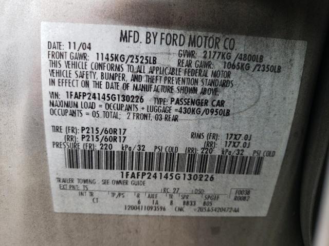 1FAFP24145G130226 - 2005 FORD FIVE HUNDR SILVER photo 10