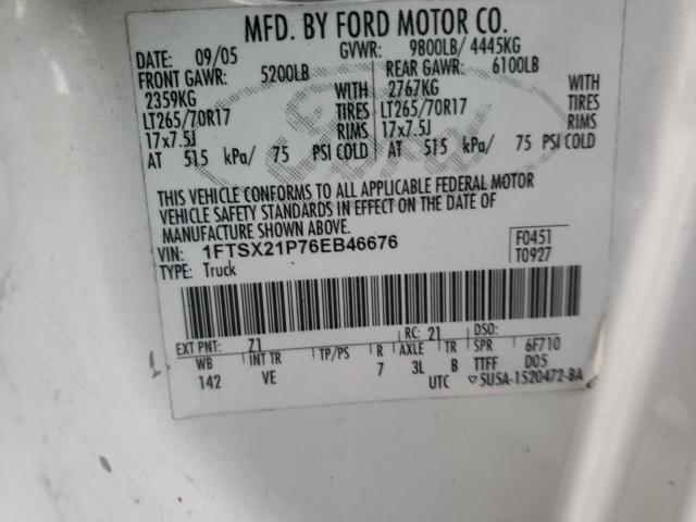 1FTSX21P76EB46676 - 2006 FORD F 250 WHITE photo 10