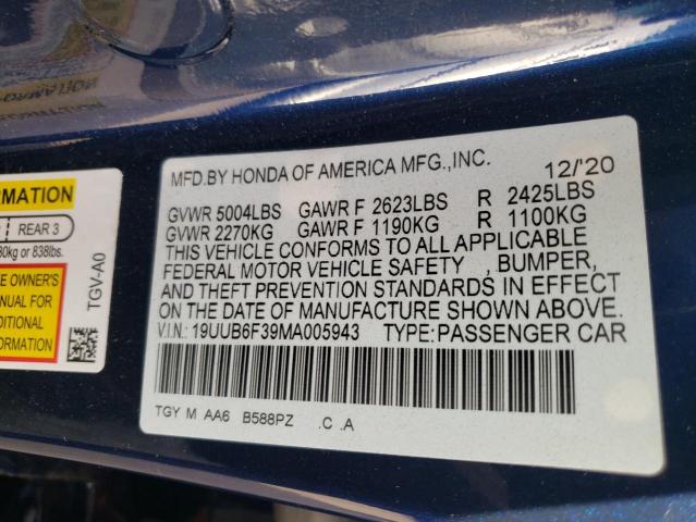 19UUB6F39MA005943 - 2021 ACURA TLX Blau Foto 10
