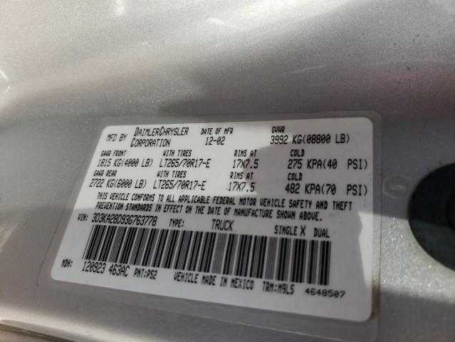 3D3KA28D93G763778 - 2003 DODGE RAM 2500 S ვერცხლისფერი ფოტო 10